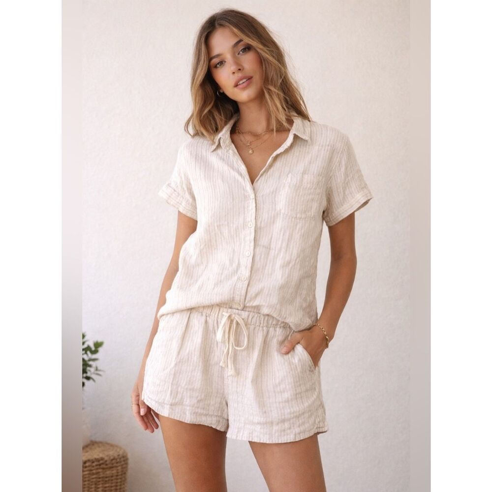 Gingerlilly Linen Lounge Set Striped Button Top & Shorts Size L Neutral